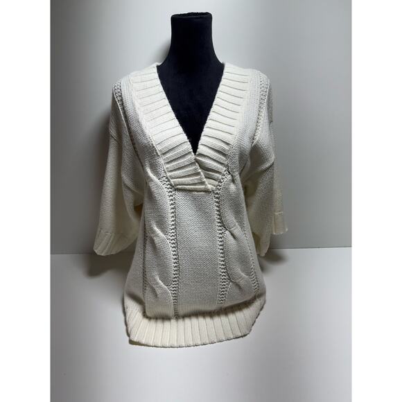 Minimalist Women’s Cable Knit Ivory Sweater Short Sleeve Sz Large Chunky - Picture 1 of 7